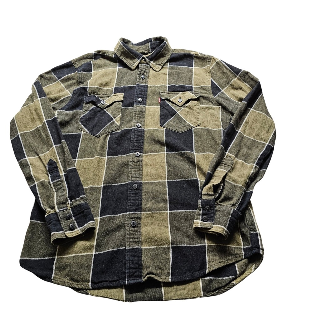 Levi's Flannel Button Down Shirt Mens S Olive Green Black Plaid
